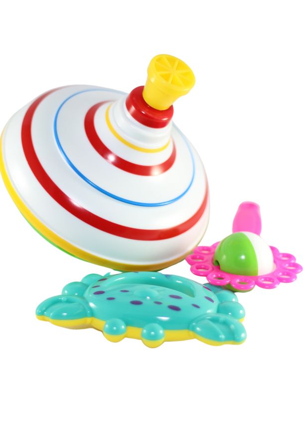 Multicolor-pad-printing-on-toys |High-quality pad printing on colorful plastic toys| featuring a spinning top with red and blue stripes and a teal crab toy with purple dots.
                                        